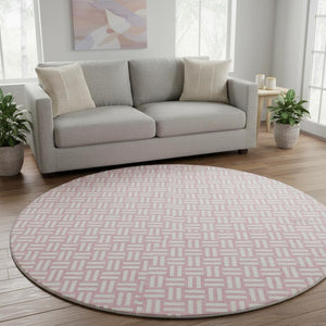 HomeRoots 8' Pink and Ivory Abstract Geometric Washable Round Rug - UV Protected, Stain-Resistant Durability! 673564