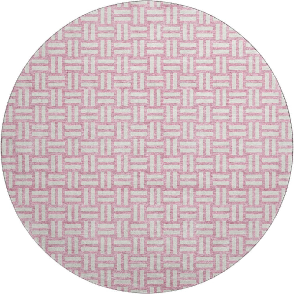 HomeRoots 8' Pink and Ivory Abstract Geometric Washable Round Rug - UV Protected, Stain-Resistant Durability! 673564