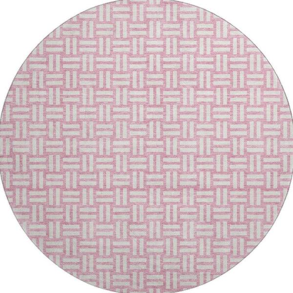 HomeRoots 8' Pink and Ivory Abstract Geometric Washable Round Rug - UV Protected, Stain-Resistant Durability! 673564