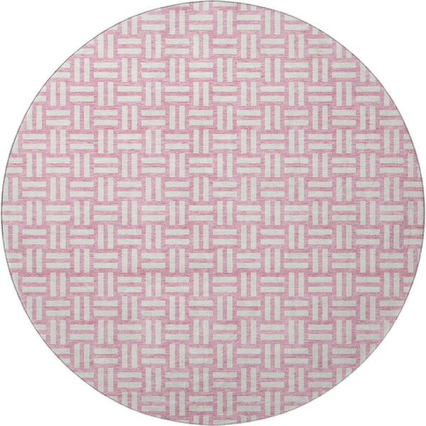 HomeRoots 8' Pink and Ivory Abstract Geometric Washable Round Rug - UV Protected, Stain-Resistant Durability! 673564