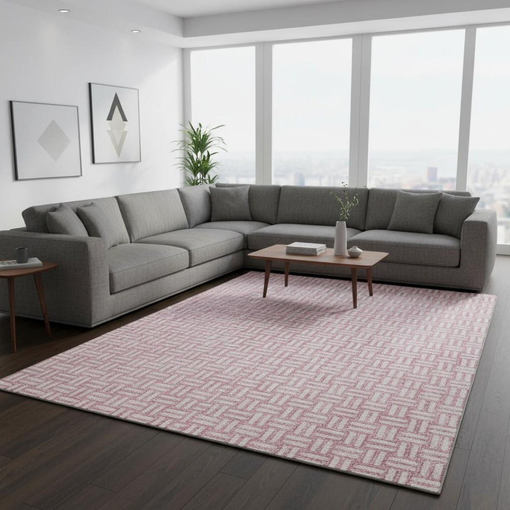 HomeRoots 8' X 10' Washable Pink and Ivory Abstract Geometric Area Rug with UV Protection for High-Traffic Spaces 673565