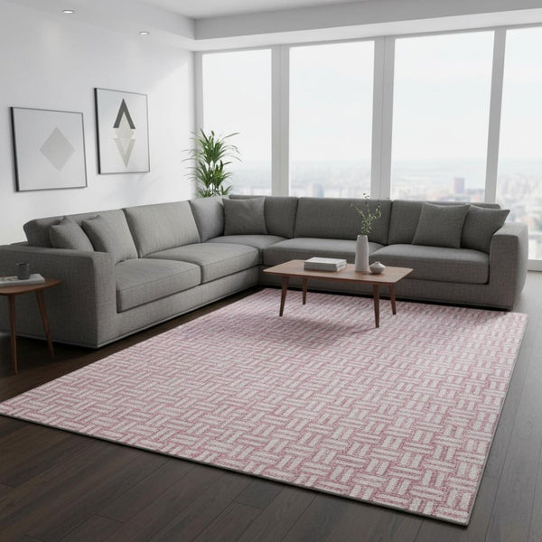 HomeRoots 8' X 10' Washable Pink and Ivory Abstract Geometric Area Rug with UV Protection for High-Traffic Spaces 673565