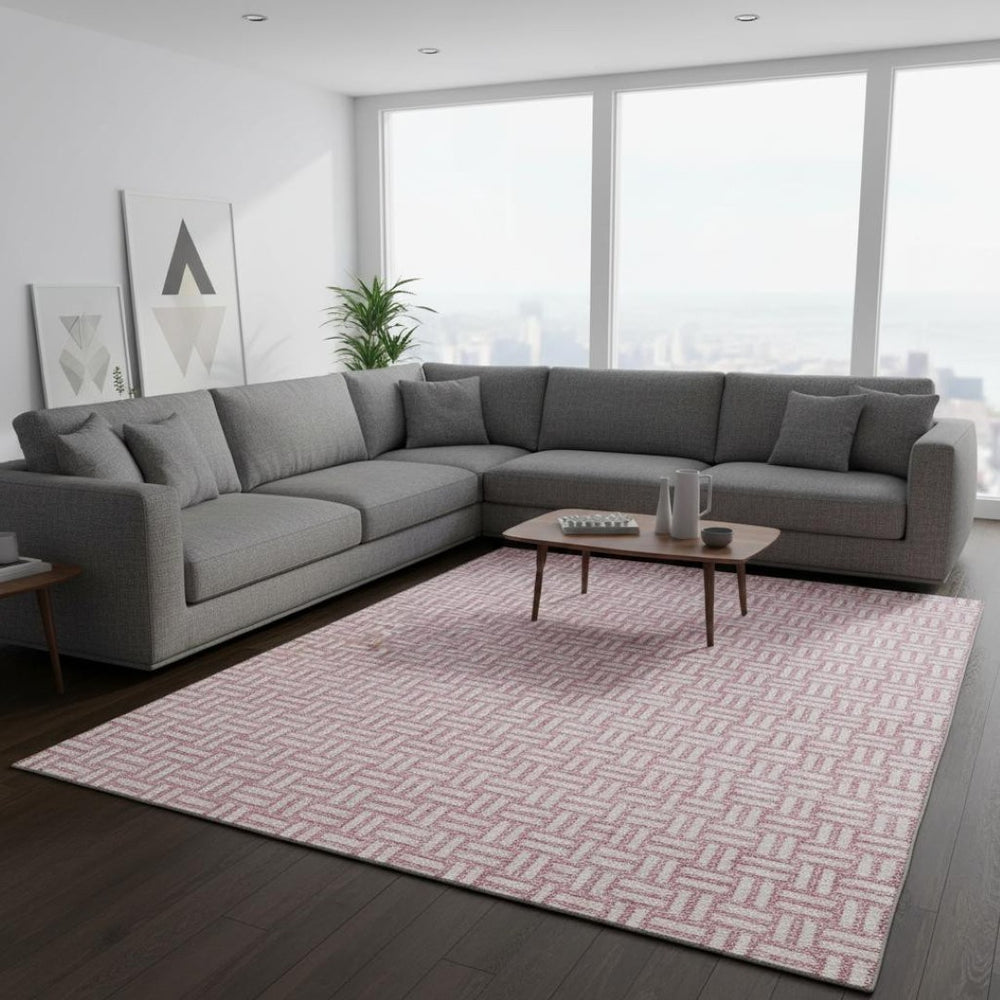HomeRoots 9' X 12' Pink And Ivory Abstract Geometric Rug - Washable, UV-Protected, Ideal For Busy Homes 673566