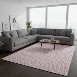 HomeRoots 9' X 12' Pink And Ivory Abstract Geometric Rug - Washable, UV-Protected, Ideal For Busy Homes 673566