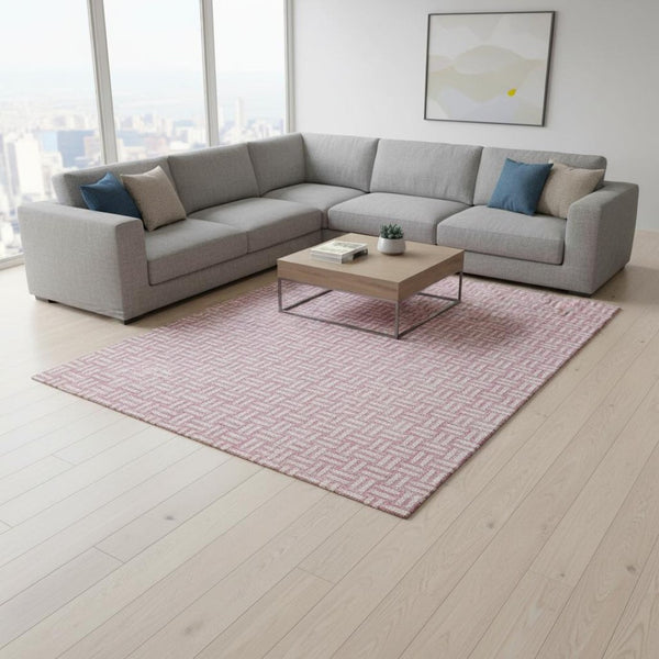 HomeRoots 10' X 14' Pink and Ivory Abstract Geometric Area Rug - Stylish, Washable, UV-Protected for Homes 673567