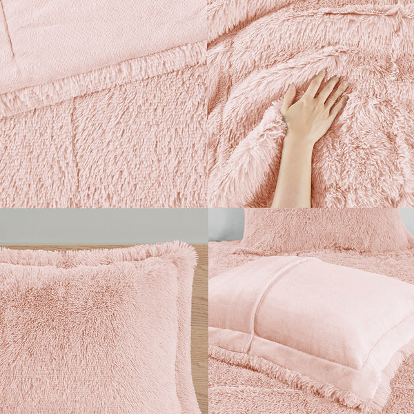 JLA Home Intelligent Design - Shaggy Plush Faux Fur Comforter Set with High-Pile Texture and Soft Reversible Plush Backing for Cozy Bedrooms Blush ID10-1823
