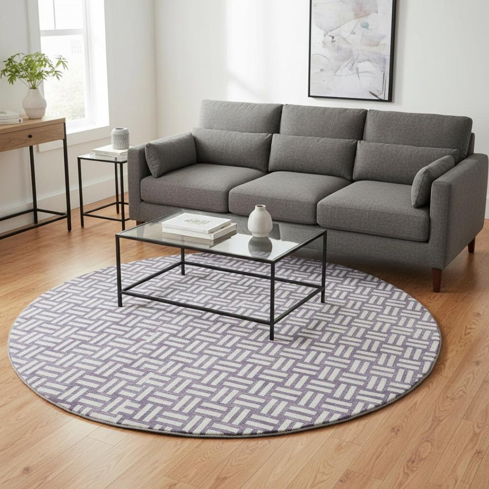 HomeRoots 8' Purple And Ivory Geometric Washable Round Rug - Durable, UV-Protected, Modern Style for Any Space 673570