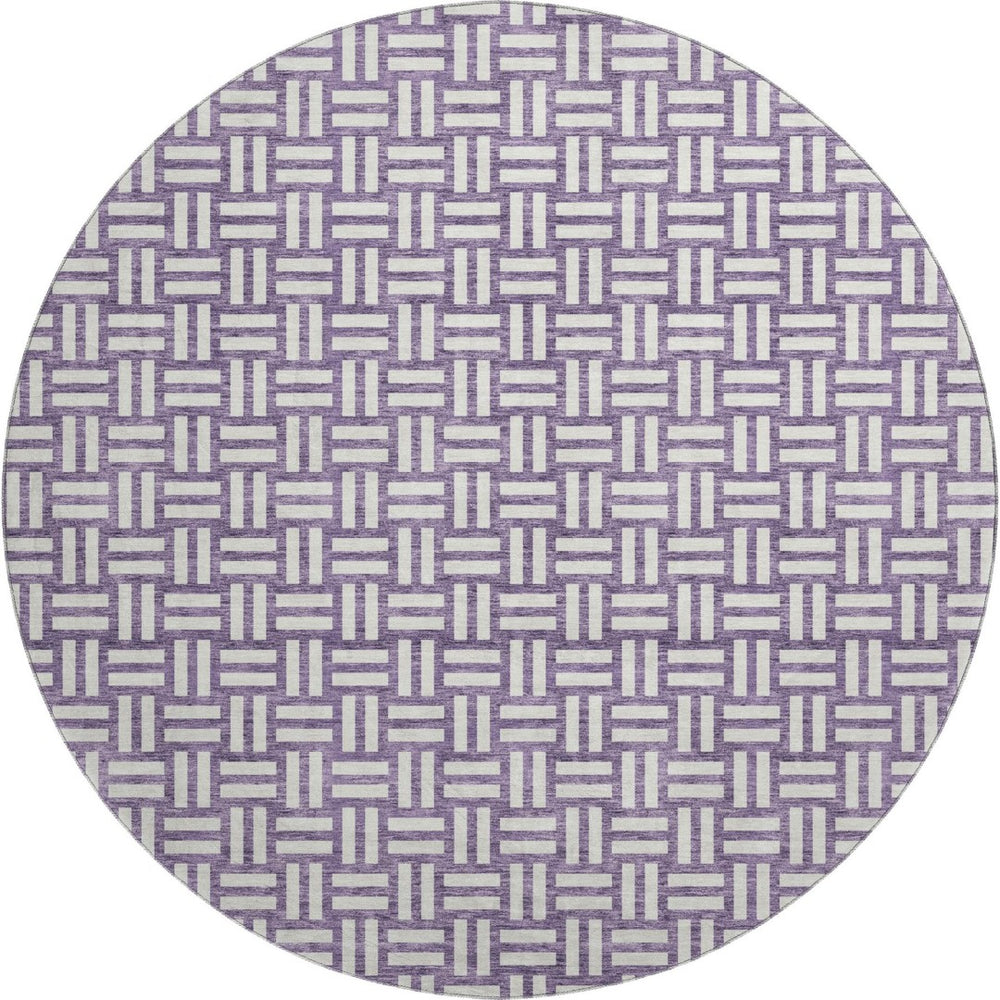 HomeRoots 8' Purple And Ivory Geometric Washable Round Rug - Durable, UV-Protected, Modern Style for Any Space 673570