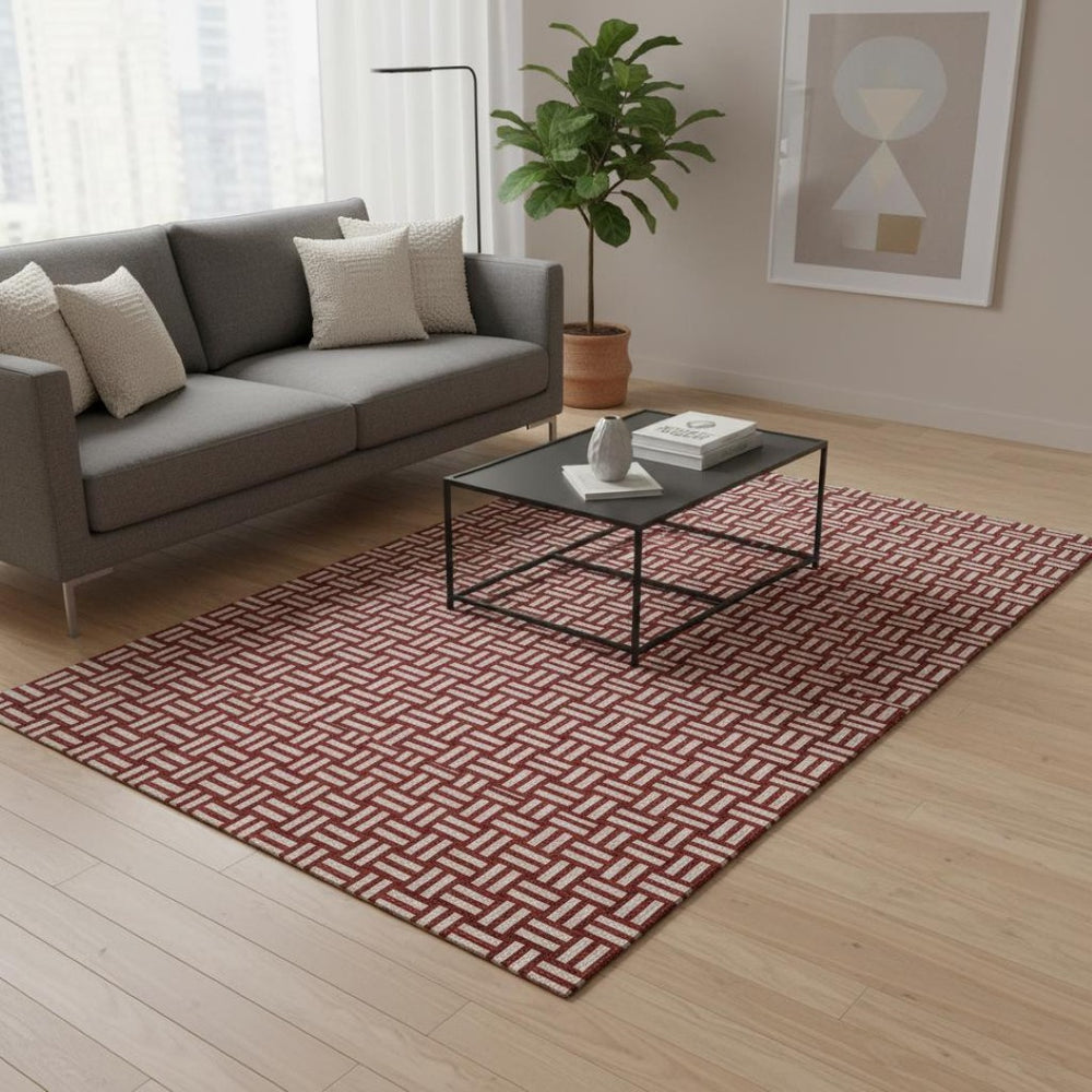 HomeRoots 5' X 8' Abstract Geometric Red and Ivory Washable Area Rug with UV Protection for Easy Care 673575