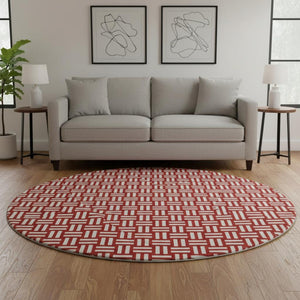 HomeRoots 8' Red And Ivory Abstract Geometric Round Rug - Washable, UV-Protected, Modern Accent for Homes 673576