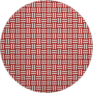 HomeRoots 8' Red And Ivory Abstract Geometric Round Rug - Washable, UV-Protected, Modern Accent for Homes 673576