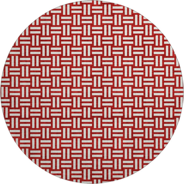 HomeRoots 8' Red And Ivory Abstract Geometric Round Rug - Washable, UV-Protected, Modern Accent for Homes 673576