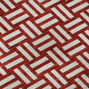 HomeRoots 8' Red And Ivory Abstract Geometric Round Rug - Washable, UV-Protected, Modern Accent for Homes 673576