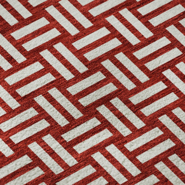 HomeRoots 8' Red And Ivory Abstract Geometric Round Rug - Washable, UV-Protected, Modern Accent for Homes 673576