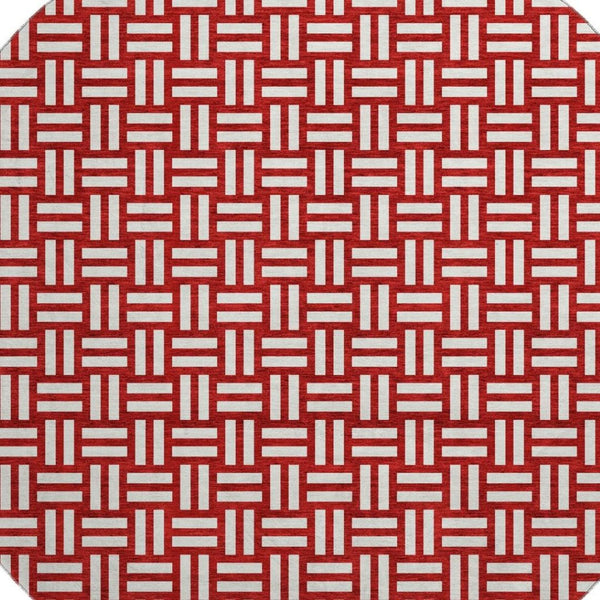 HomeRoots 8' Red And Ivory Abstract Geometric Round Rug - Washable, UV-Protected, Modern Accent for Homes 673576