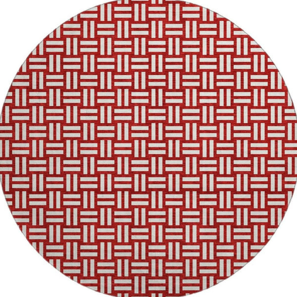 HomeRoots 8' Red And Ivory Abstract Geometric Round Rug - Washable, UV-Protected, Modern Accent for Homes 673576