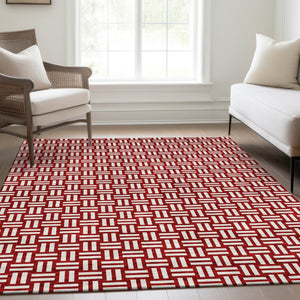 HomeRoots 10' Red and Ivory Abstract Geometric Area Rug - Washable, UV Protected, Perfect for Active Homes 673579