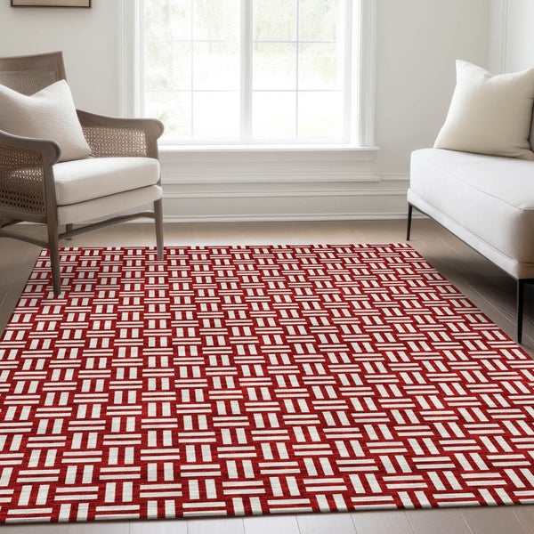 HomeRoots 10' Red and Ivory Abstract Geometric Area Rug - Washable, UV Protected, Perfect for Active Homes 673579