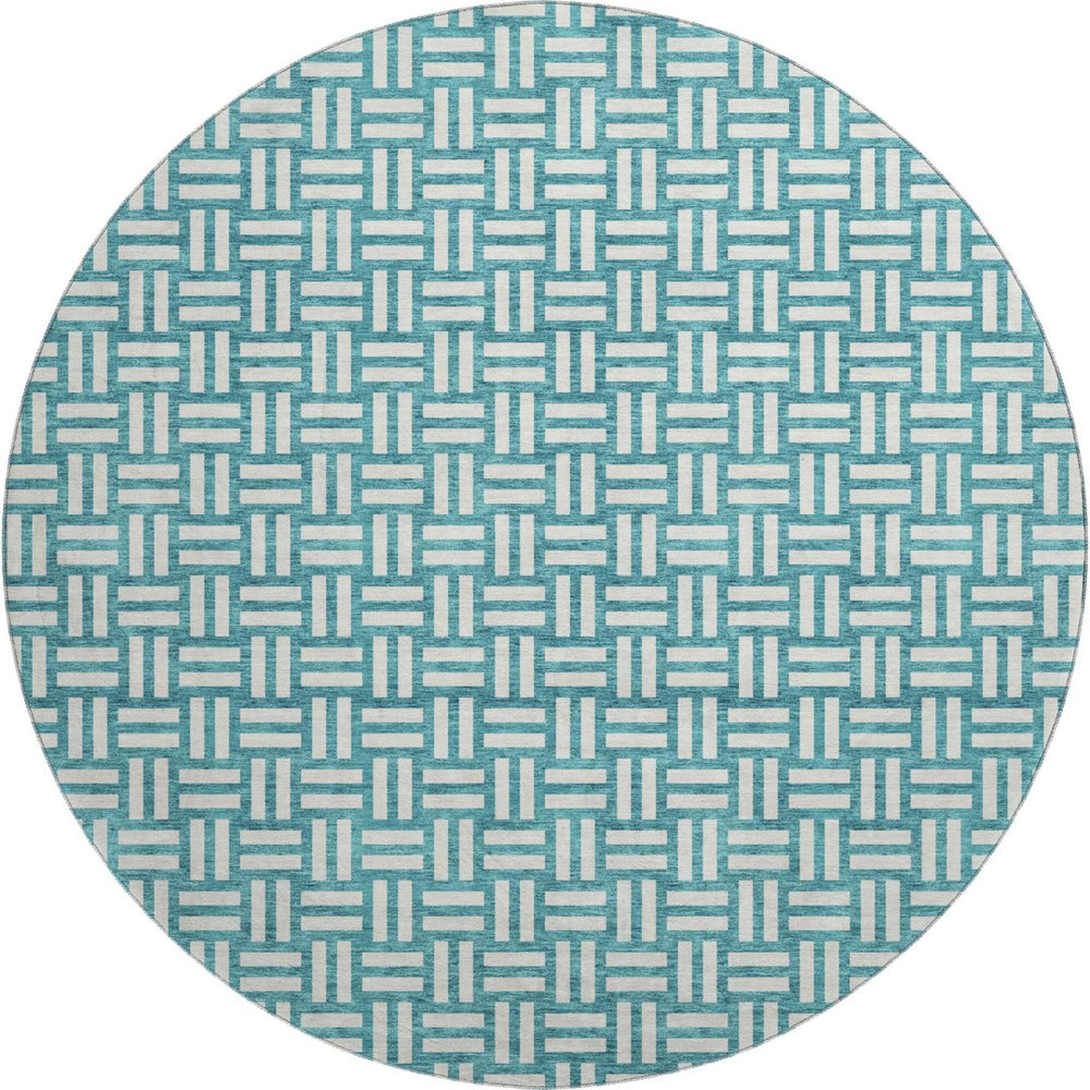 HomeRoots 8' Teal and Ivory Abstract Geometric Round Rug - Washable, UV Protected, Perfect for High Traffic Spaces 673588