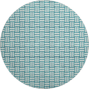 HomeRoots 8' Teal and Ivory Abstract Geometric Round Rug - Washable, UV Protected, Perfect for High Traffic Spaces 673588
