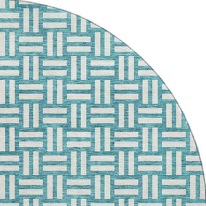 HomeRoots 8' Teal and Ivory Abstract Geometric Round Rug - Washable, UV Protected, Perfect for High Traffic Spaces 673588