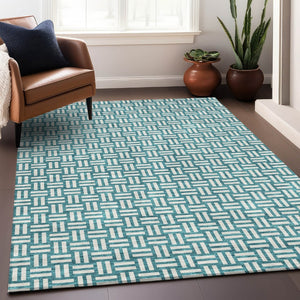 HomeRoots 9' X 12' Teal & Ivory Abstract Geometric Washable Area Rug with UV Protection for Modern Homes 673590
