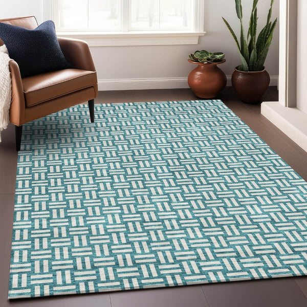 HomeRoots 9' X 12' Teal & Ivory Abstract Geometric Washable Area Rug with UV Protection for Modern Homes 673590