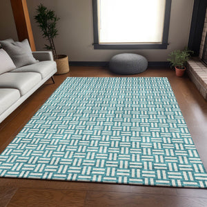 HomeRoots 9' X 12' Teal & Ivory Abstract Geometric Washable Area Rug with UV Protection for Modern Homes 673590