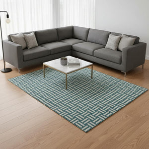 HomeRoots 9' X 12' Teal & Ivory Abstract Geometric Washable Area Rug with UV Protection for Modern Homes 673590