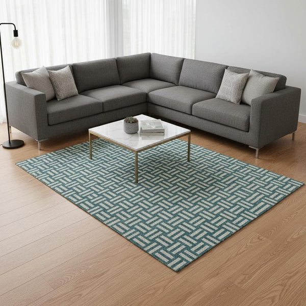 HomeRoots 9' X 12' Teal & Ivory Abstract Geometric Washable Area Rug with UV Protection for Modern Homes 673590
