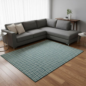 HomeRoots 10' X 14' Teal & Ivory Geometric Washable Area Rug - Stylish, Durable, Stain Resistant & UV Protected! 673591