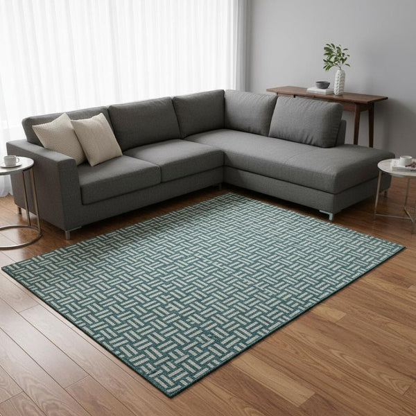 HomeRoots 10' X 14' Teal & Ivory Geometric Washable Area Rug - Stylish, Durable, Stain Resistant & UV Protected! 673591
