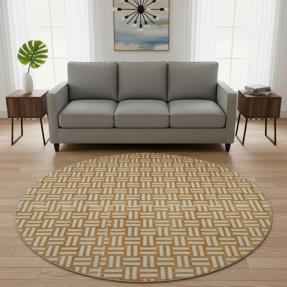 HomeRoots 8' Terra Cotta & Beige Abstract Geometric Round Rug - Washable, UV-Protected, Family-Friendly Style 673594