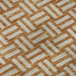 HomeRoots 8' Terra Cotta & Beige Abstract Geometric Round Rug - Washable, UV-Protected, Family-Friendly Style 673594
