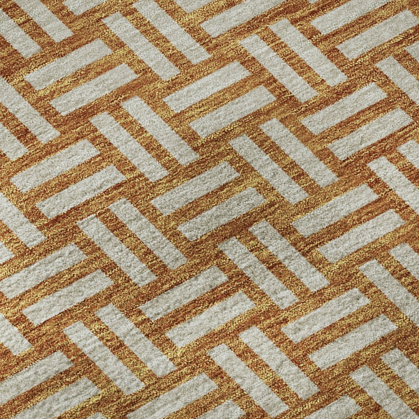 HomeRoots 8' Terra Cotta & Beige Abstract Geometric Round Rug - Washable, UV-Protected, Family-Friendly Style 673594