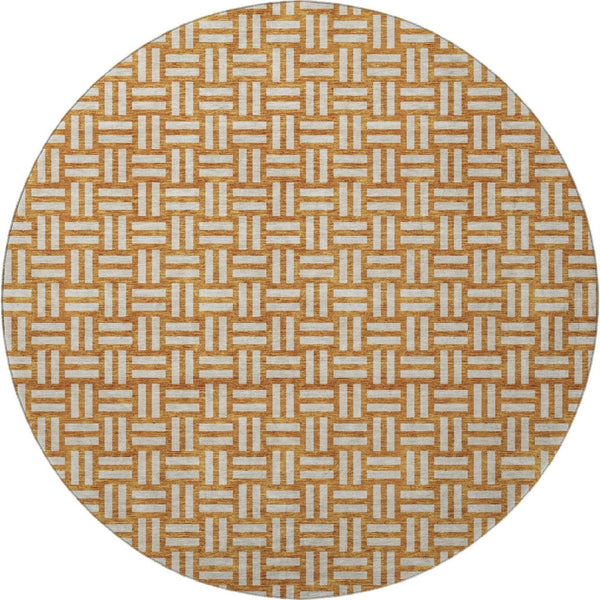 HomeRoots 8' Terra Cotta & Beige Abstract Geometric Round Rug - Washable, UV-Protected, Family-Friendly Style 673594