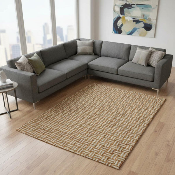 HomeRoots 9' X 12' Stylish Terra Cotta & Beige Abstract Geometric Area Rug - Washable, UV Protected & Durable 673596