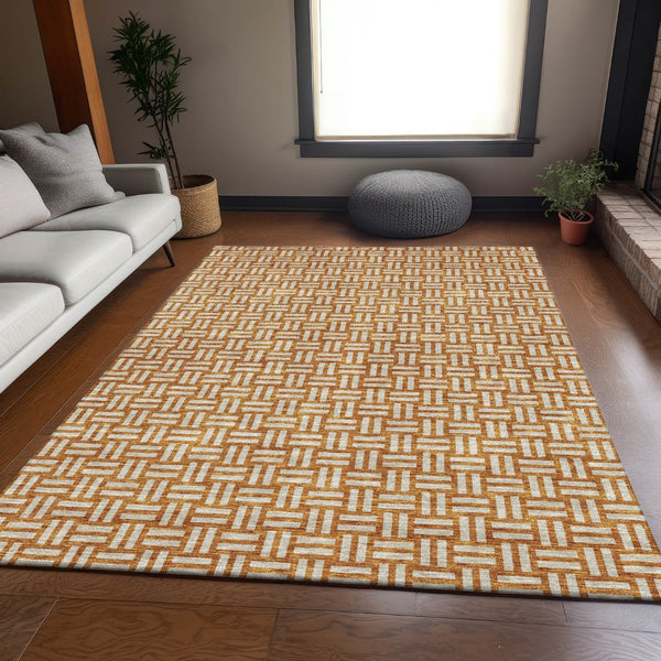 HomeRoots 10' X 14' Stylish Terra Cotta & Beige Abstract Area Rug - Washable, UV-Protected & Family-Friendly! 673597