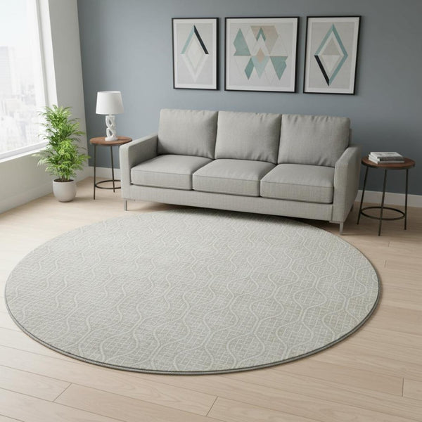 HomeRoots 8' Beige and Ivory Geometric Washable Round Rug with UV Protection, Stain-Resistant & Stylish Design 673600