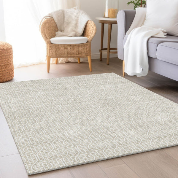 HomeRoots 9' X 12' Beige and Ivory Geometric Washable Area Rug - Durable, UV-Protected, Perfect for Families 673602