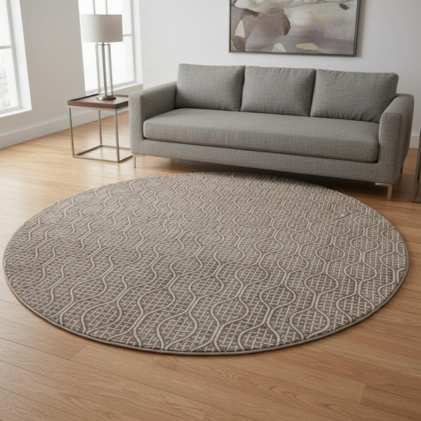 HomeRoots 8' Washable Round Rug with Brown & Beige Geometric Design, UV Protection for Homes with Kids & Pets 673612