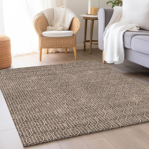 HomeRoots 9' X 12' Brown and Beige Geometric Washable Area Rug - Durable, UV-Protected, Modern Style for Homes 673614