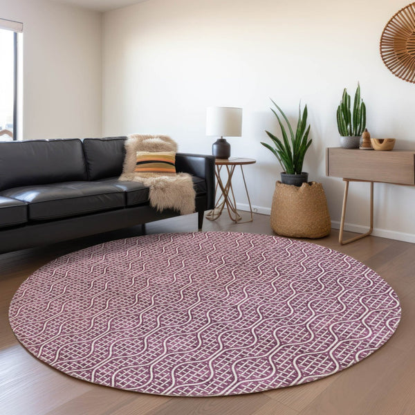 HomeRoots 8' Stylish Eggplant and Ivory Geometric Round Rug – Washable, UV-Protected, Durable for All Spaces 673618