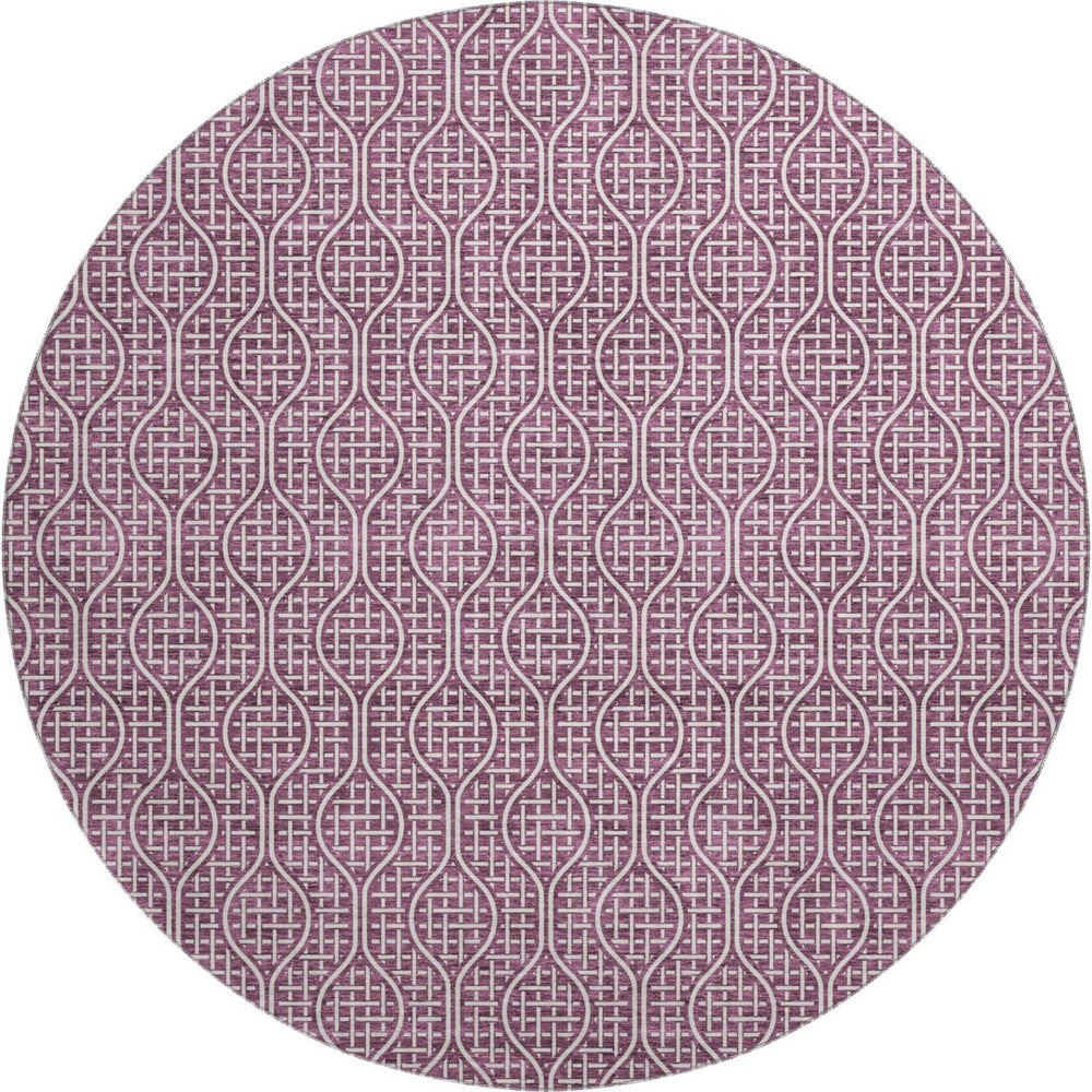 HomeRoots 8' Stylish Eggplant and Ivory Geometric Round Rug – Washable, UV-Protected, Durable for All Spaces 673618