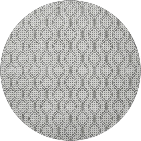 HomeRoots 8' Gray And Ivory Geometric Round Rug - Washable, UV Protected, Perfect for High-Traffic Spaces 673624