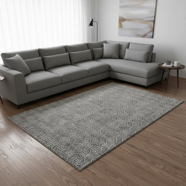 HomeRoots 10' X 14' Gray And Ivory Geometric Area Rug - Washable, UV Protected, Stain Resistant for High Traffic Areas 673627