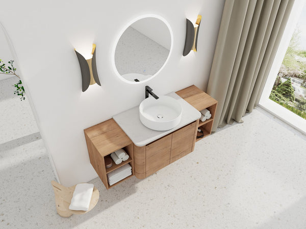 English Elm 54'' Elegant Wall-Mounted Bathroom Vanity With Ceramic Vessel Sink, Soft-Close Doors & Storage Shelves W999S00414