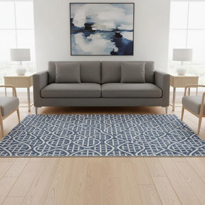 HomeRoots 5' X 8' Navy Blue & Ivory Geometric Area Rug - Durable, Washable, UV-Protected for Modern Spaces 673641