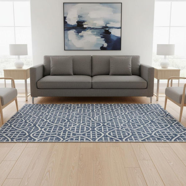 HomeRoots 5' X 8' Navy Blue & Ivory Geometric Area Rug - Durable, Washable, UV-Protected for Modern Spaces 673641
