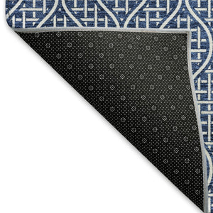 HomeRoots 5' X 8' Navy Blue & Ivory Geometric Area Rug - Durable, Washable, UV-Protected for Modern Spaces 673641